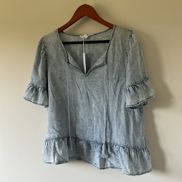 Jane + Delancey Women Blue Short Ruffled Sleeves Washed Denim Top Size Large - Picture 2 of 11